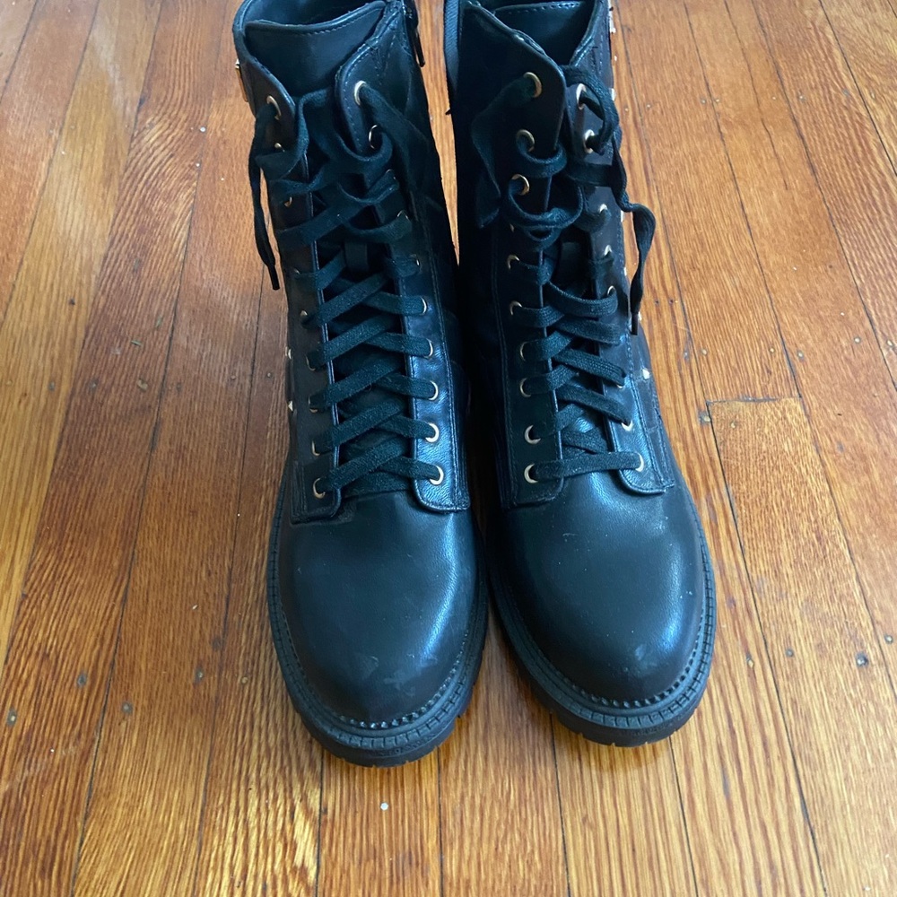 Bebe Black Ankle Boots Sleek Leather Lace-Up